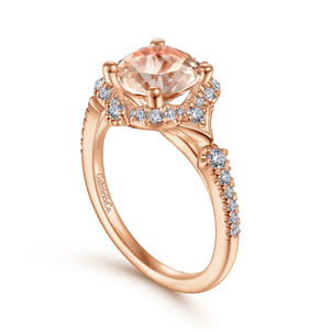 Veronique - Vintage Inspired 14K Rose Gold Round Halo Morganite and Diamond Engagement Ring