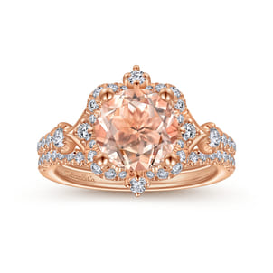 Veronique - Vintage Inspired 14K Rose Gold Round Halo Morganite and Diamond Engagement Ring