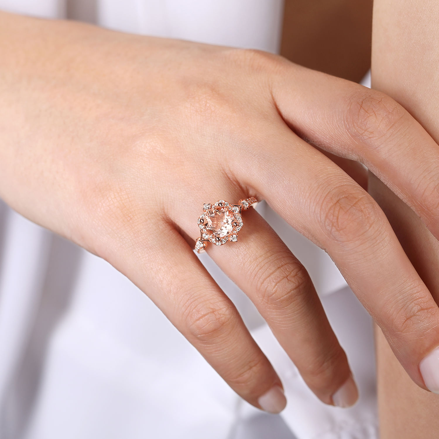 Veronique - Vintage Inspired 14K Rose Gold Round Halo Morganite and Diamond Engagement Ring