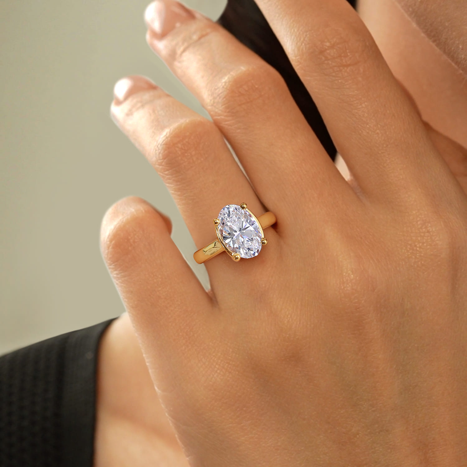 Villa - 14K Yellow Gold Half Bezel Oval Diamond Engagement Ring