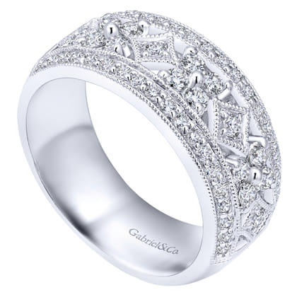 Vintage 14K White Gold Diamond Openwork Wide Band Ring