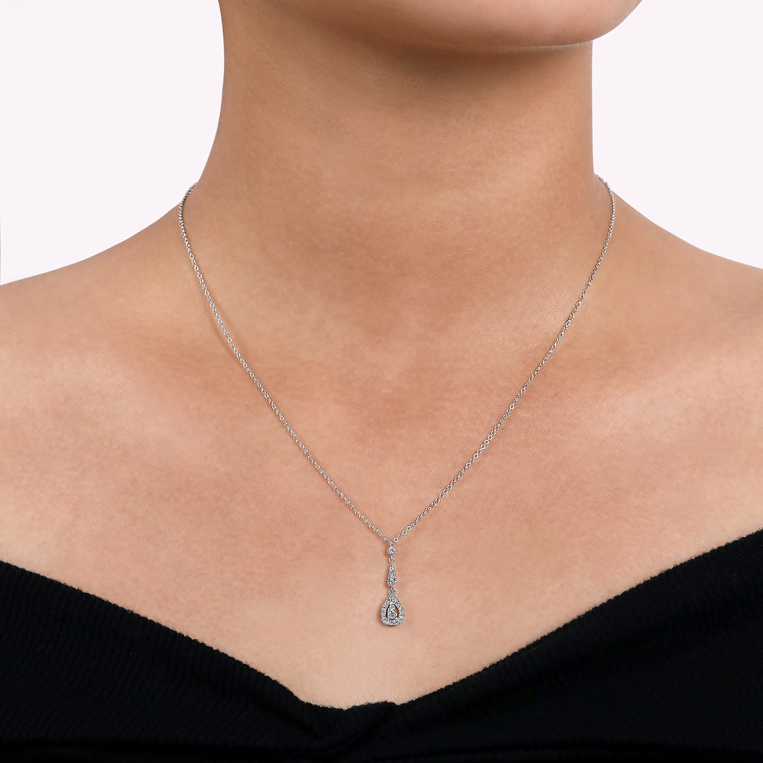 Vintage 14K White Gold Diamond Teardrop Pendant Necklace - 0.19 ct - Shot 3