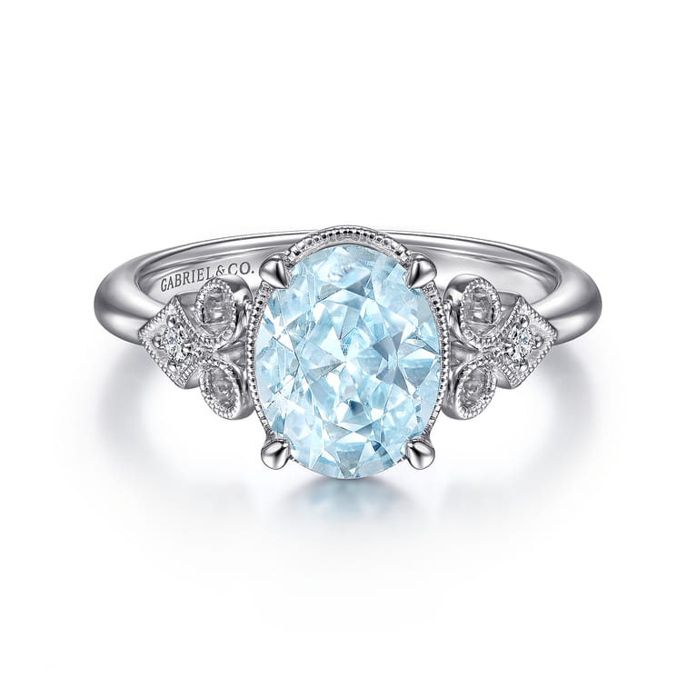 Vintage 14K White Gold Diamond and Sky Blue Topaz Ring - 0.03 ct - Shot 1