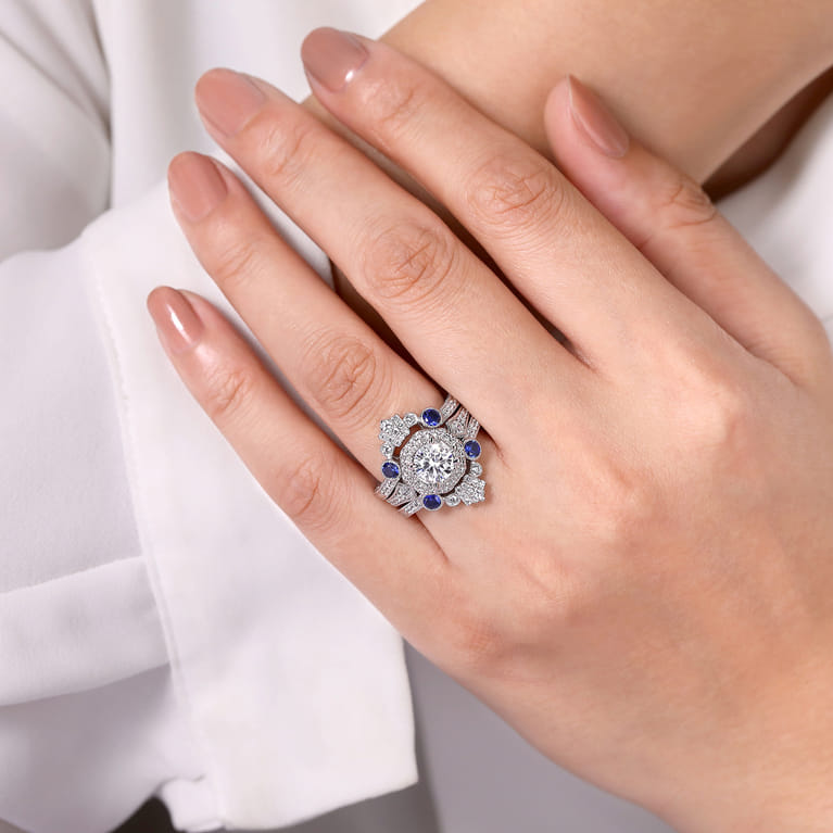 Enhancer Wedding Ring in 14k White Gold with Round Sapphire at Gabriel & Co. - Shot 5