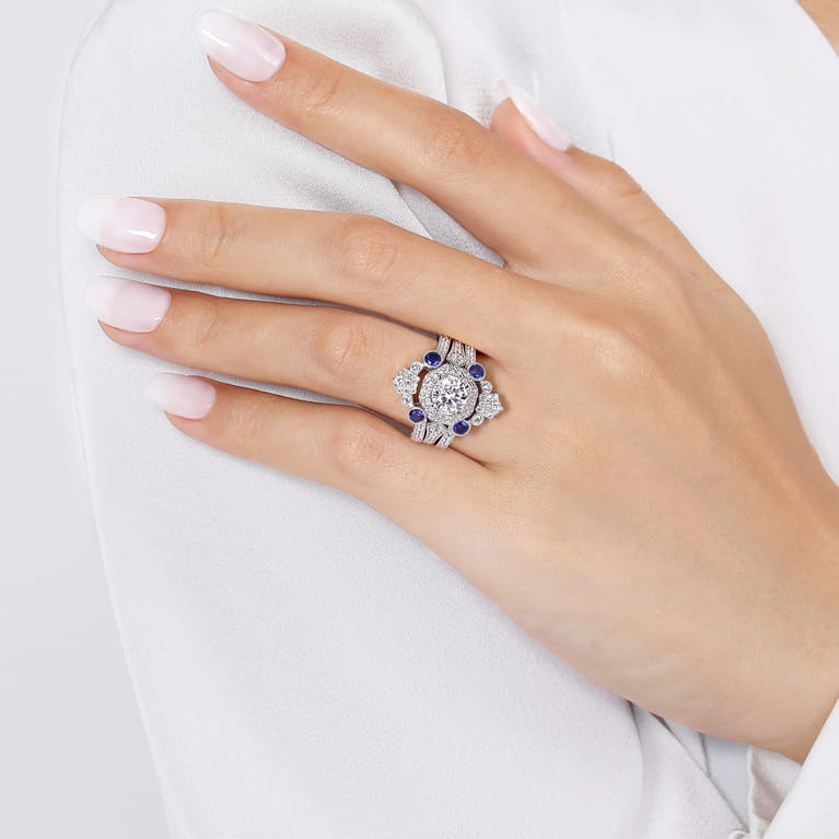 Enhancer Wedding Ring in 14k White Gold with Round Sapphire at Gabriel & Co. - Shot 6