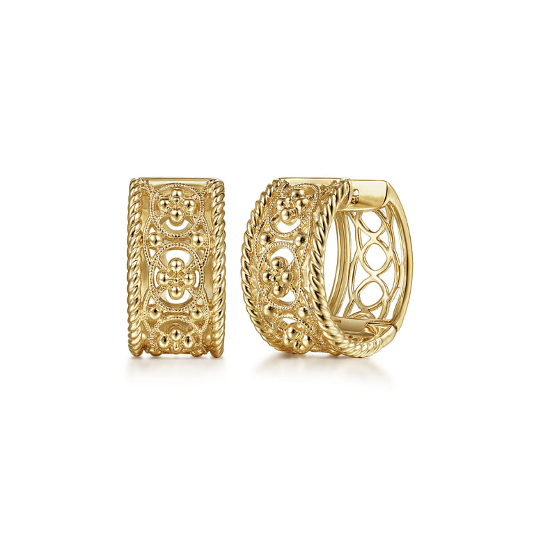 Vintage 14K Yellow Gold Wide Filligree Huggies - Shot 1