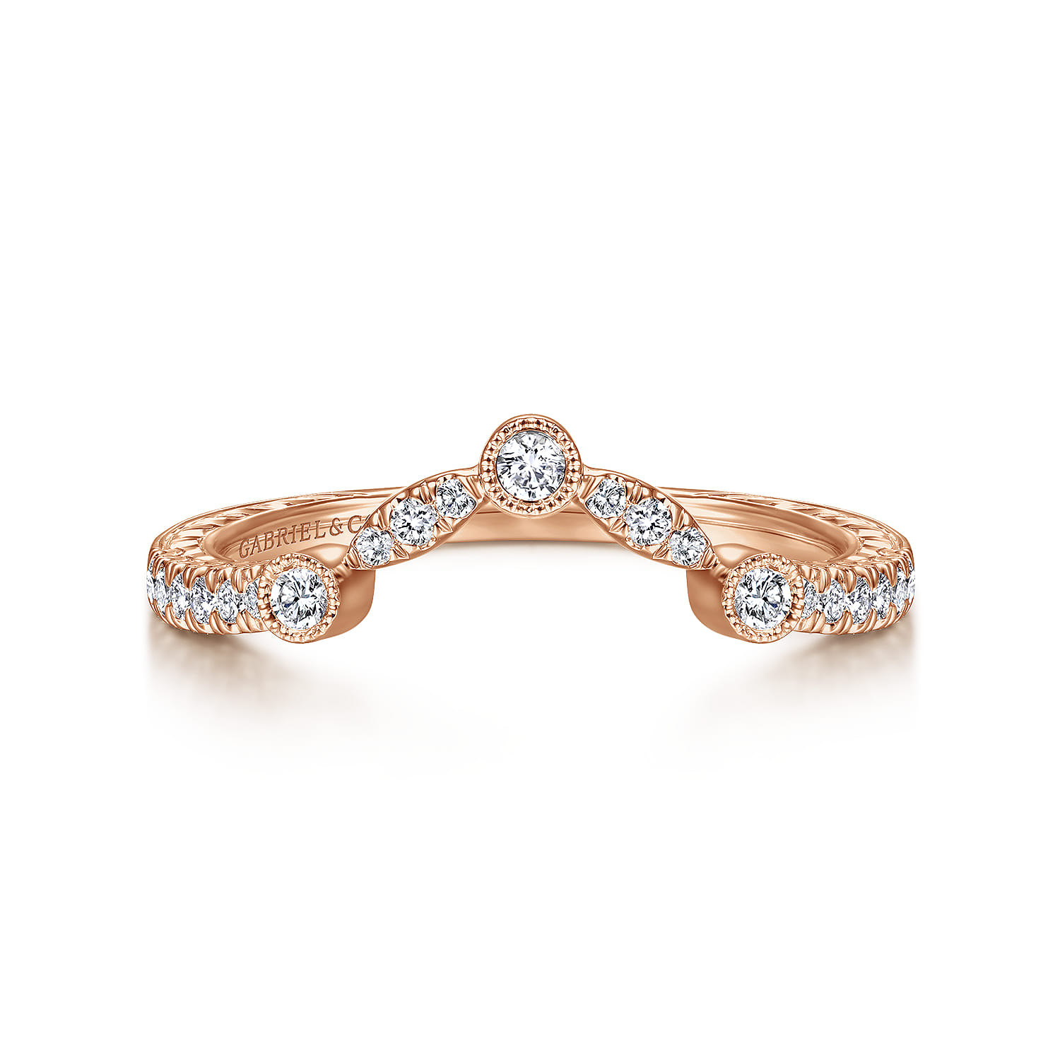 Curved Wedding Ring in 14k Rose Gold with Round Natural Diamond at Gabriel & Co. - Shot 1