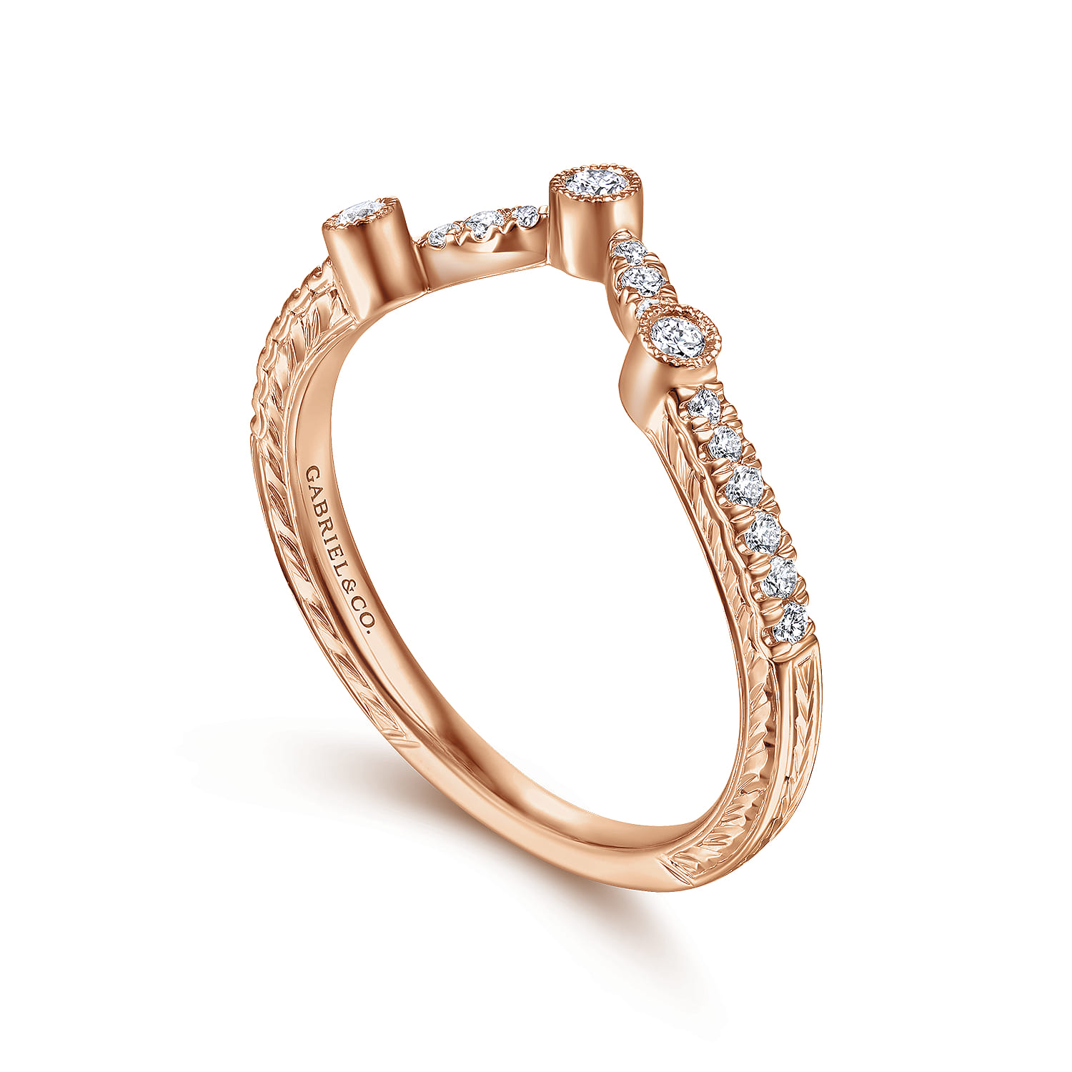 Curved Wedding Ring in 14k Rose Gold with Round Natural Diamond at Gabriel & Co. - Shot 3