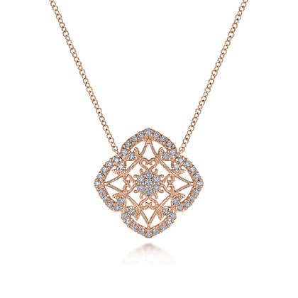 Vintage Inspired 14K Rose Gold Filigree Diamond Pendant Necklace