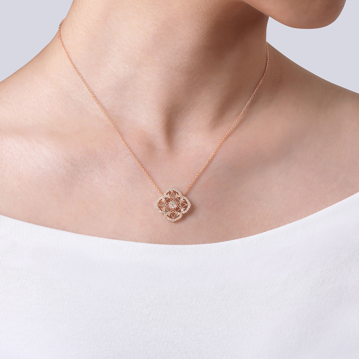 Vintage Inspired 14K Rose Gold Filigree Diamond Pendant Necklace - 0.37 ct - Shot 3