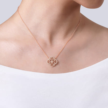 Vintage Inspired 14K Rose Gold Filigree Diamond Pendant Necklace