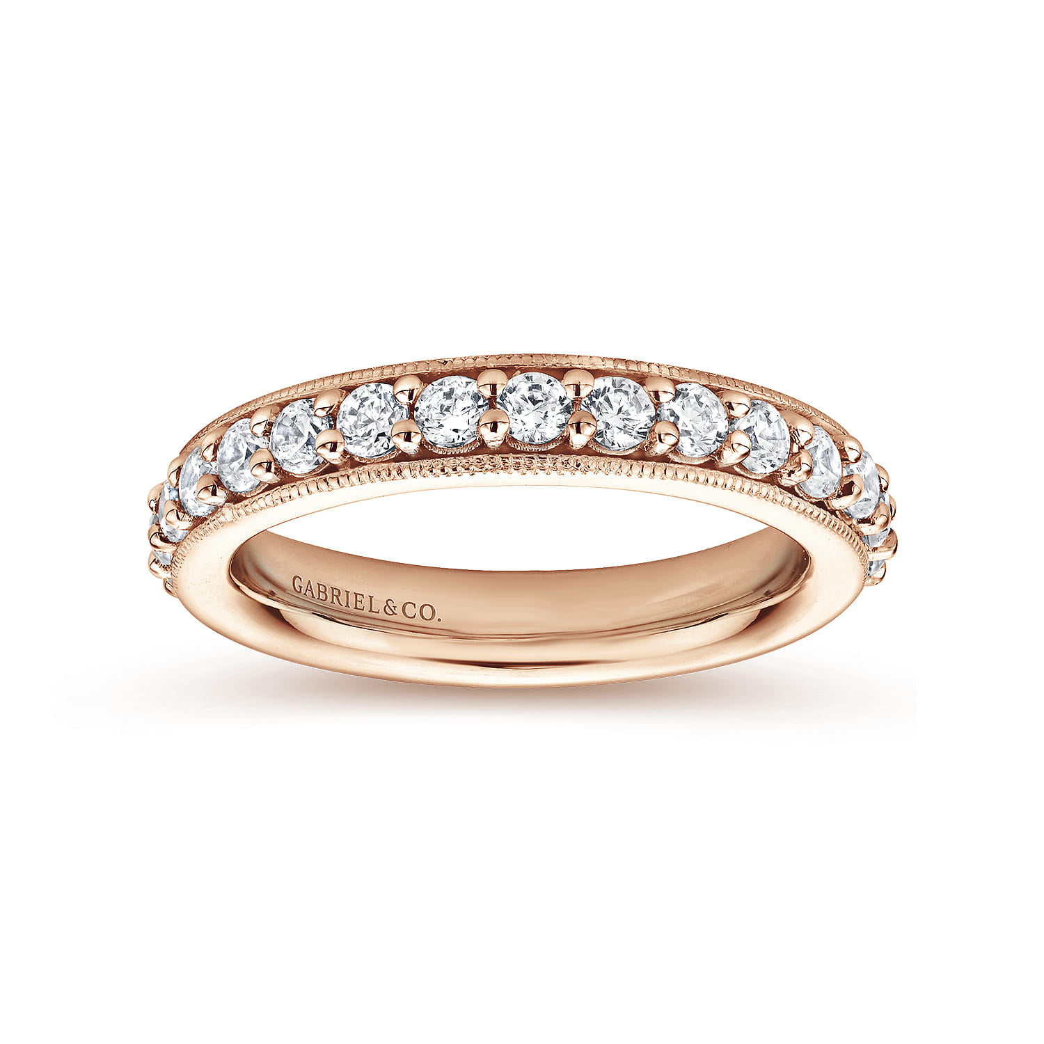 Eternity Band Wedding Ring in 14k Rose Gold with Round Natural Diamond at Gabriel & Co. - Shot 4