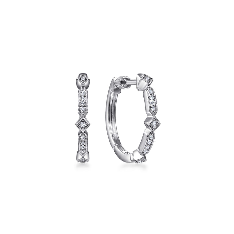 Vintage Inspired 14K White Gold 20mm Classic Diamond Hoop Earrings - 0.12 ct - Shot 1