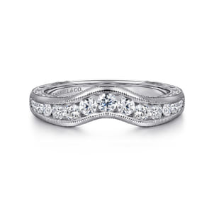 Vintage Inspired 14K White Gold Curved Channel Set Diamond Wedding Band with Engraving