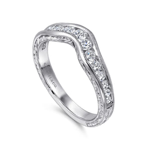 Vintage Inspired 14K White Gold Curved Channel Set Diamond Wedding Band with Engraving