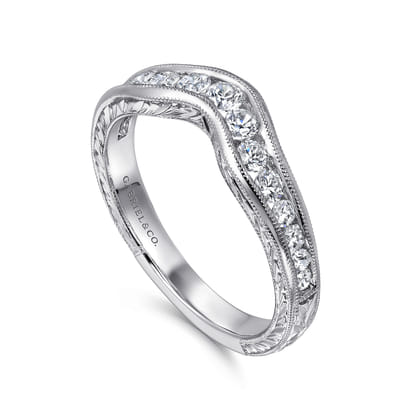 Vintage Inspired 14K White Gold Curved Channel Set Diamond Wedding Band with Engraving