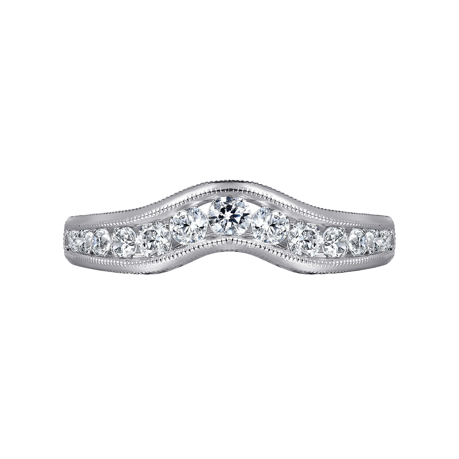 Vintage Inspired 14K White Gold Curved Channel Set Diamond Wedding Band with Engraving