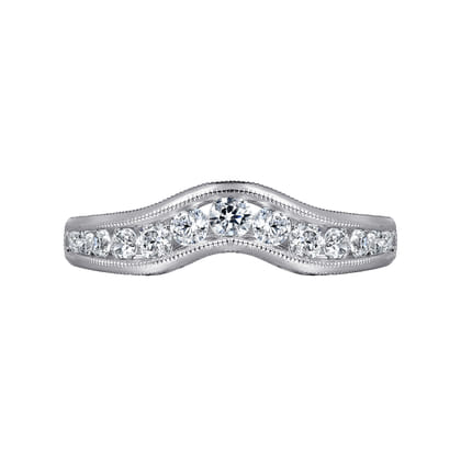 Vintage Inspired 14K White Gold Curved Channel Set Diamond Wedding Band with Engraving