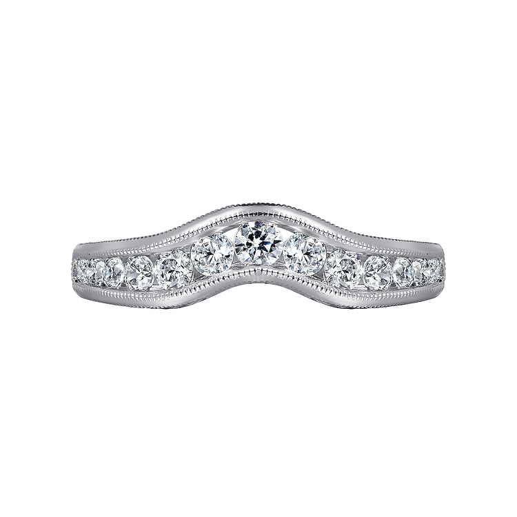 Vintage Inspired 14K White Gold Curved Channel Set Diamond Wedding Band with Engraving