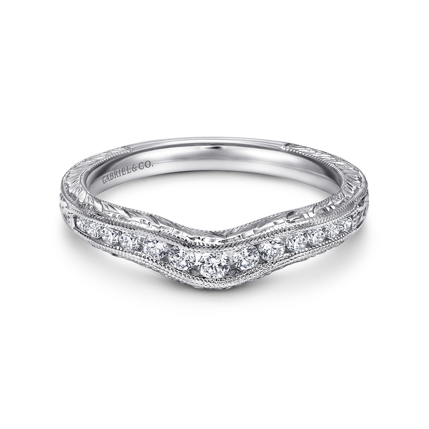 Curved Wedding Ring in 14k White Gold with Round Natural Diamond at Gabriel & Co. - Shot 1