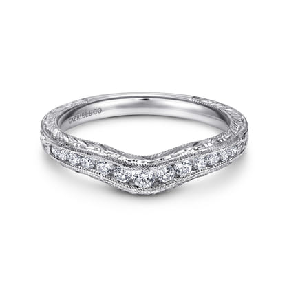 Vintage Inspired 14K White Gold Curved Channel Set Diamond Wedding Band with Engraving