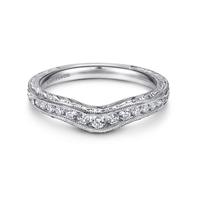 Curved Wedding Ring in 14k White Gold with Round Natural Diamond at Gabriel & Co. - Shot 1