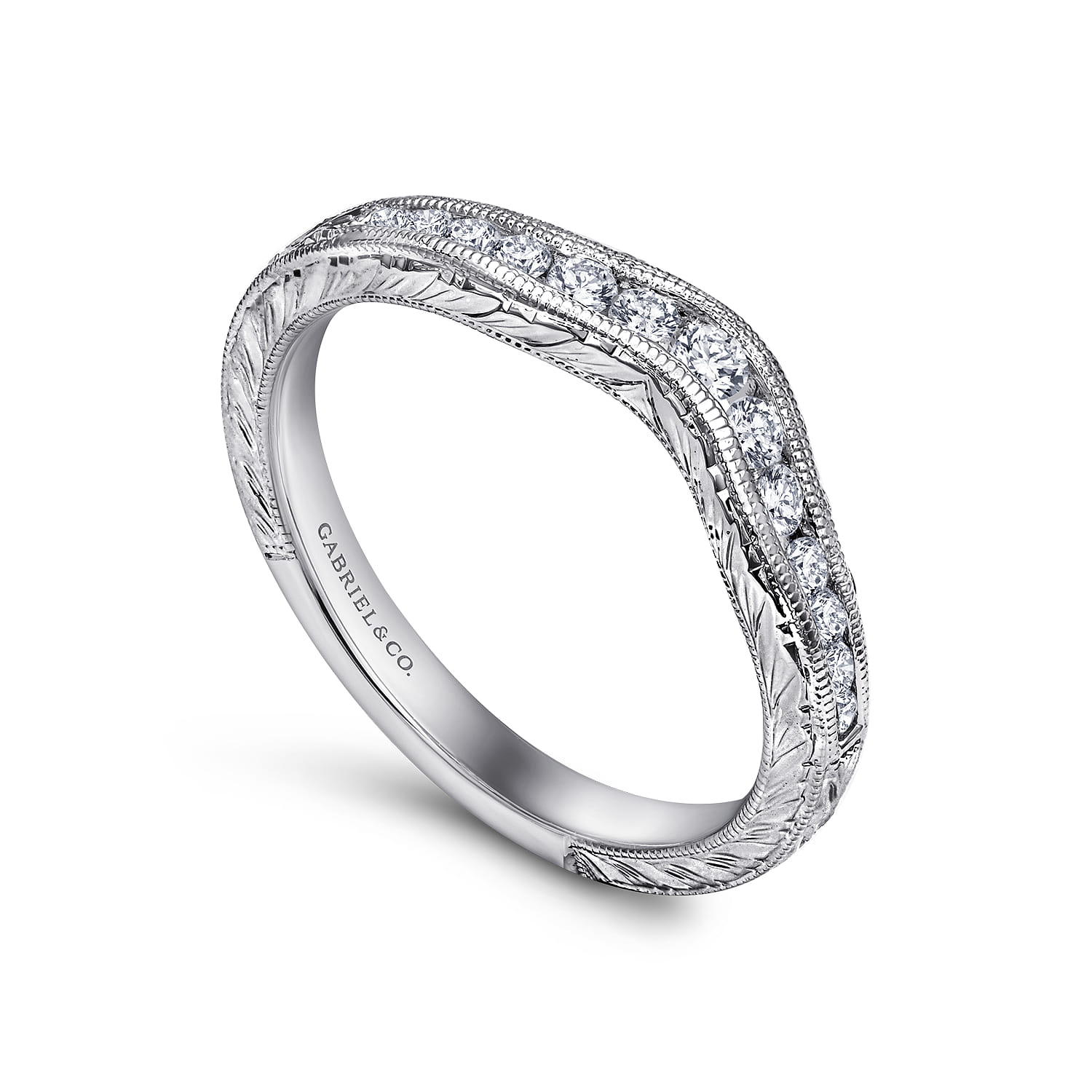 Curved Wedding Ring in 14k White Gold with Round Natural Diamond at Gabriel & Co. - Shot 3