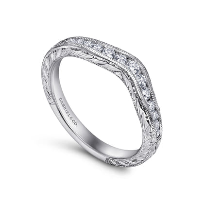 Vintage Inspired 14K White Gold Curved Channel Set Diamond Wedding Band with Engraving