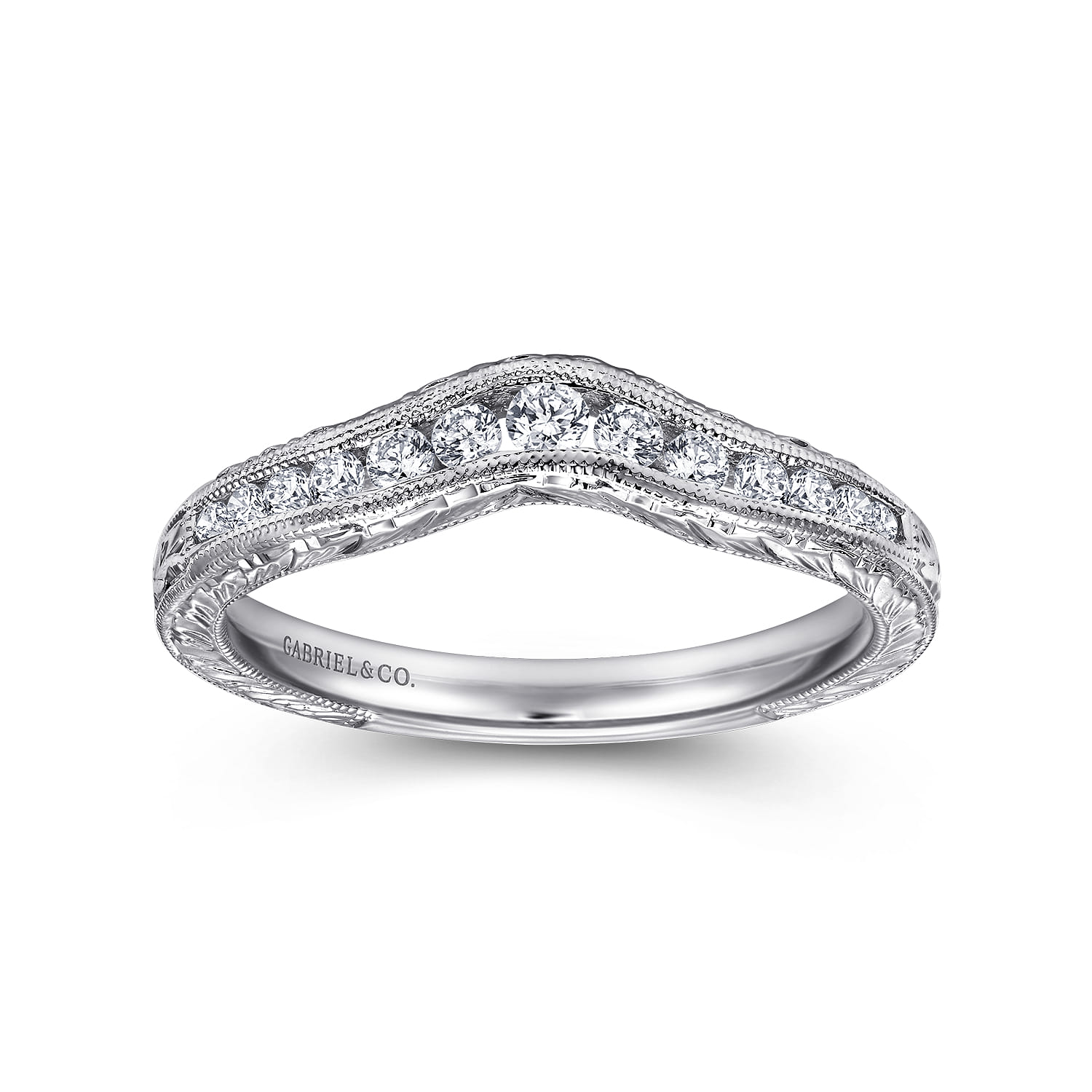 Curved Wedding Ring in 14k White Gold with Round Natural Diamond at Gabriel & Co. - Shot 4