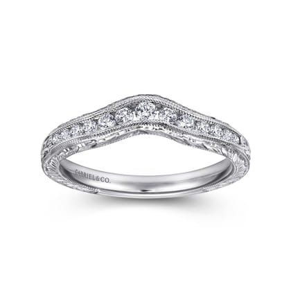 Vintage Inspired 14K White Gold Curved Channel Set Diamond Wedding Band with Engraving