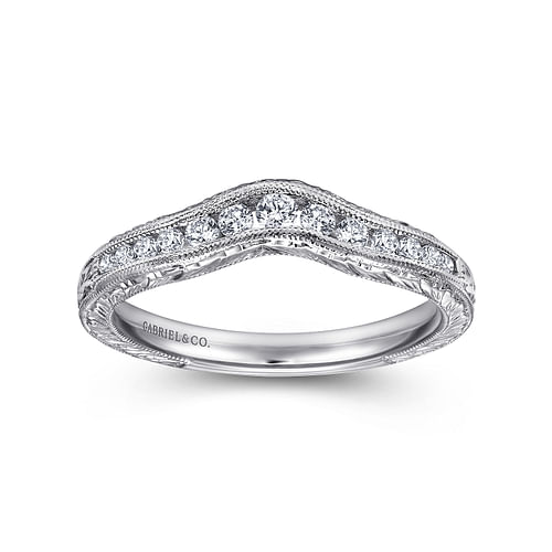 Vintage Inspired 14K White Gold Curved Channel Set Diamond Wedding Band with Engraving - 0.25 ct - Shot 4
