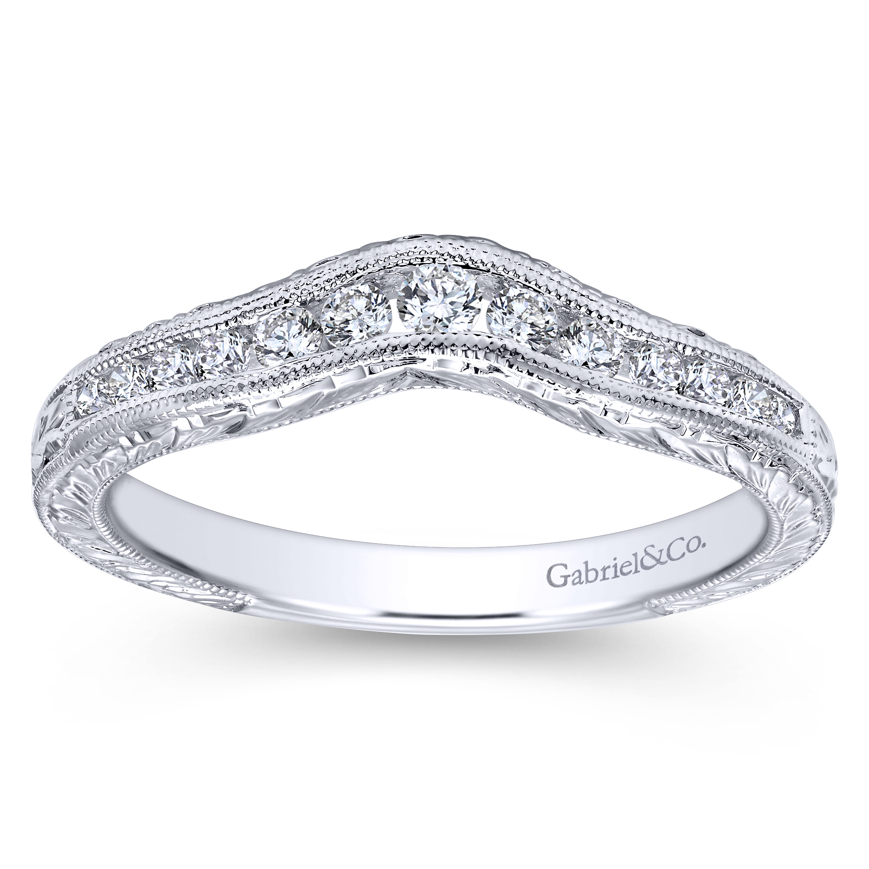 Curved Wedding Ring in 14k White Gold with Round Natural Diamond at Gabriel & Co. - Shot 5