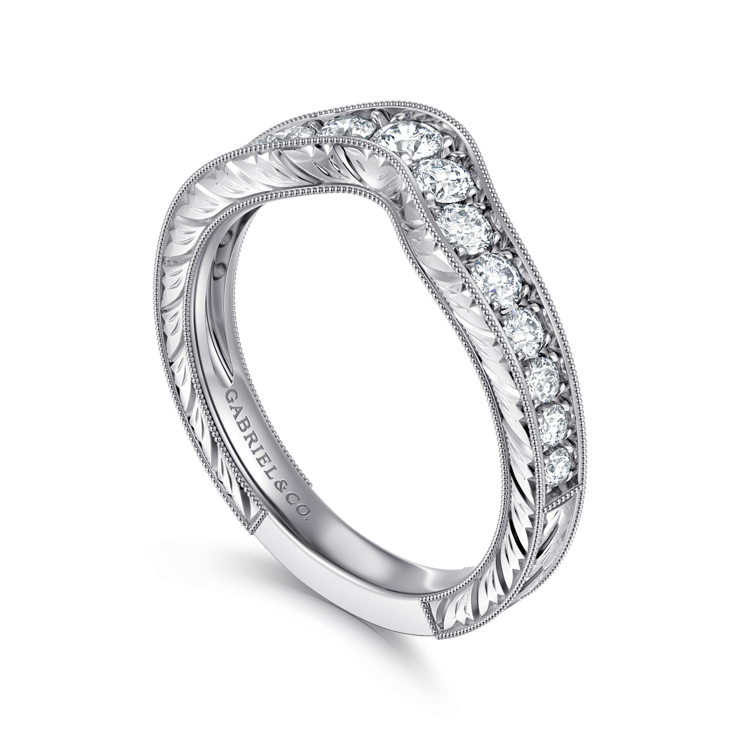 Curved Wedding Ring in 14k White Gold with Round Natural Diamond at Gabriel & Co. - Shot 3