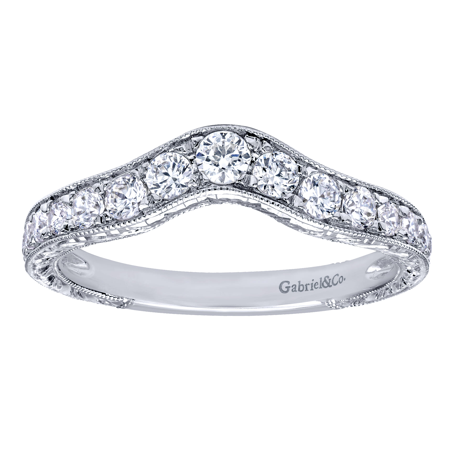 Curved Wedding Ring in 14k White Gold with Round Natural Diamond at Gabriel & Co. - Shot 5