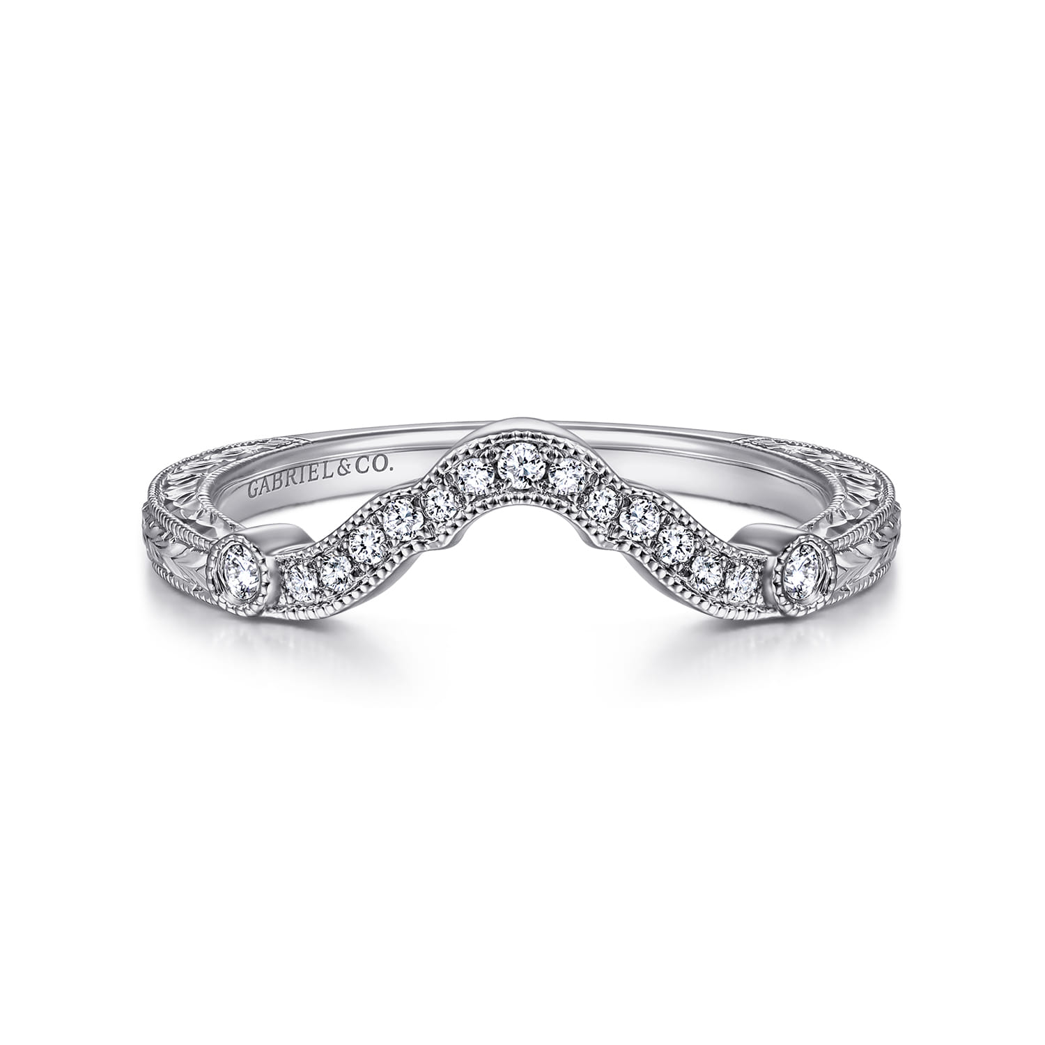 Curved Wedding Ring in 14k White Gold with Round Natural Diamond at Gabriel & Co. - Shot 1