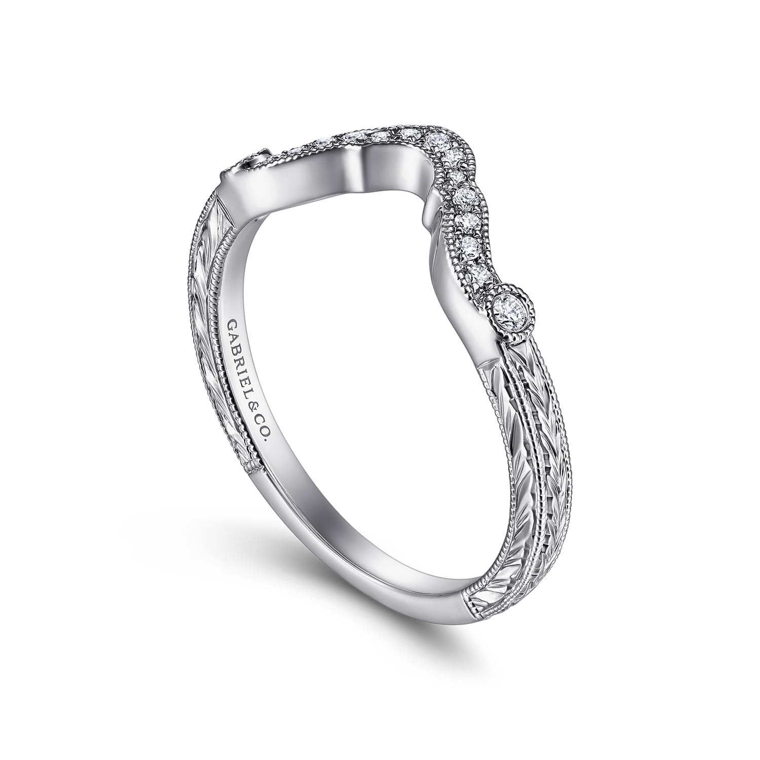 Curved Wedding Ring in 14k White Gold with Round Natural Diamond at Gabriel & Co. - Shot 3