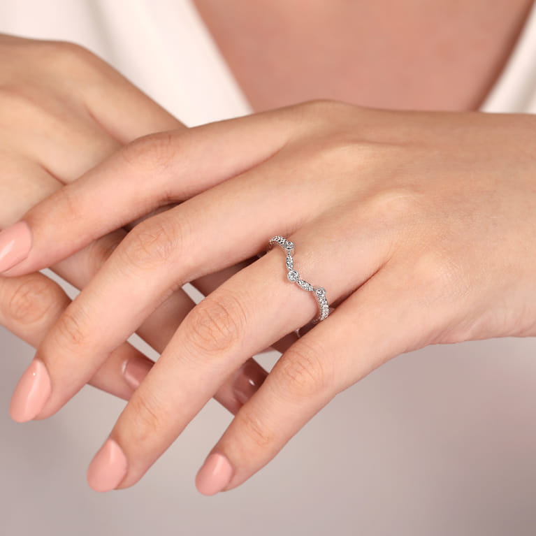 Curved Wedding Ring in 14k White Gold with Round Natural Diamond at Gabriel & Co. - Shot 5