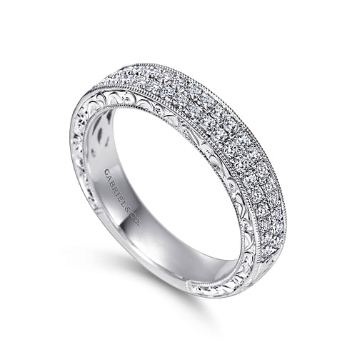 Vintage Inspired 14K White Gold Diamond Anniversary Band with Hand Engraving - Shot 3