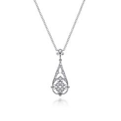 Vintage Inspired 14K White Gold Diamond Teardrop Pendant Necklace