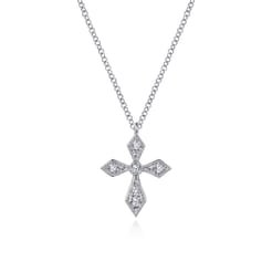 Vintage Inspired 14K White Gold Pointed Diamond Cross Pendant Necklace