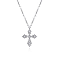 Vintage Inspired 14K White Gold Pointed Diamond Cross Pendant Necklace