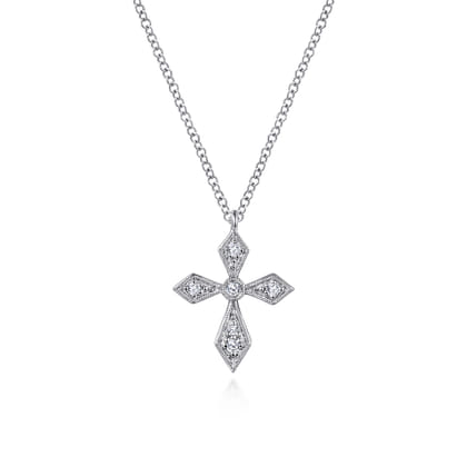Vintage Inspired 14K White Gold Pointed Diamond Cross Pendant Necklace