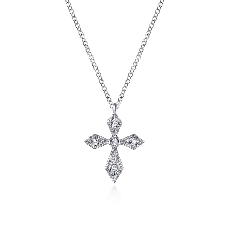 Vintage Inspired 14K White Gold Pointed Diamond Cross Pendant Necklace - 0.08 ct - Shot 1