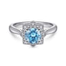Vintage Inspired 14K White Gold Round Blue Topaz and Floral Diamond Halo Ring - 0.09 ct