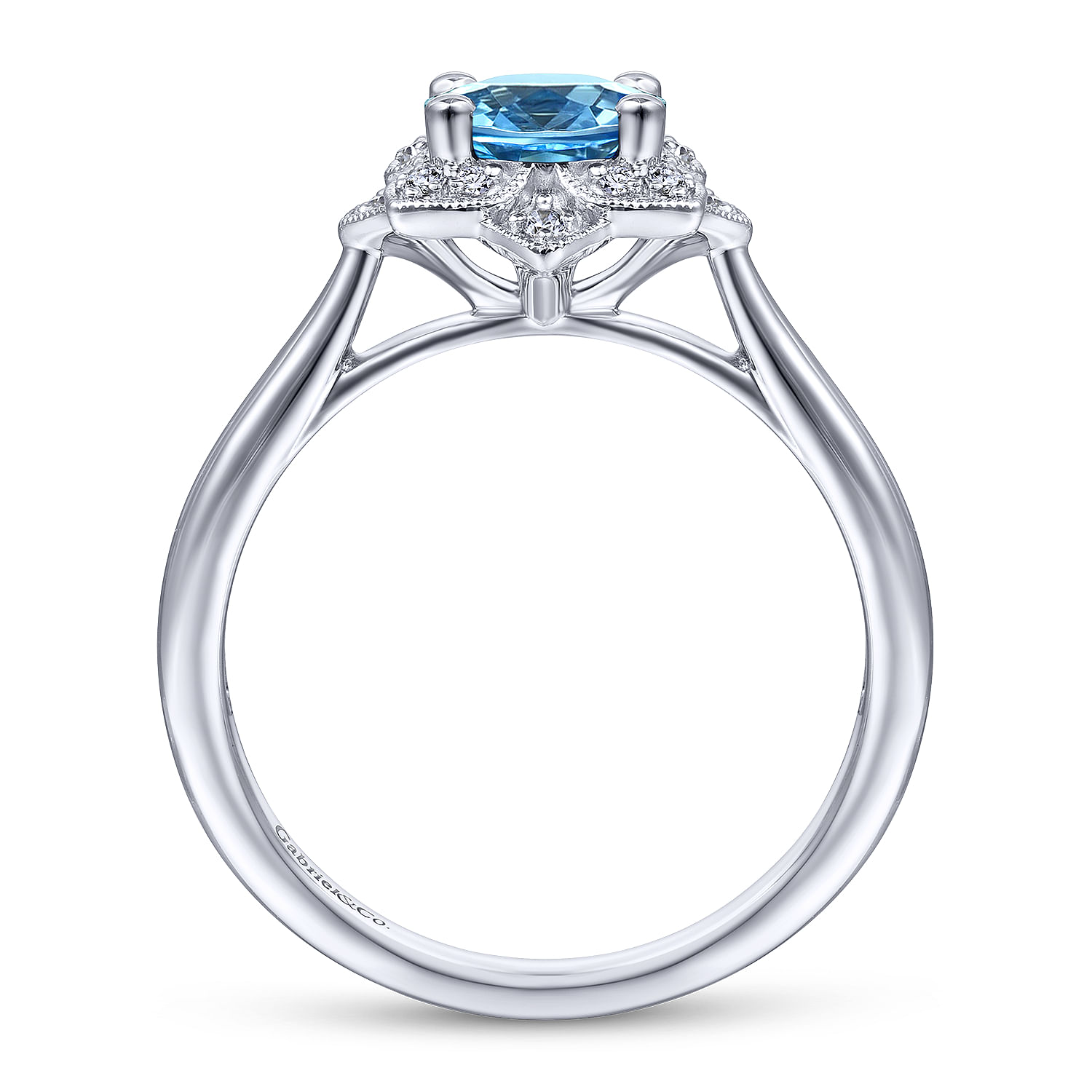 Vintage Inspired 14K White Gold Round Blue Topaz and Floral Diamond Halo Ring