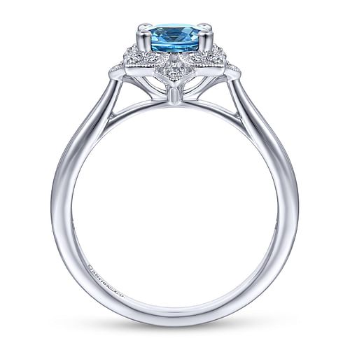 Vintage Inspired 14K White Gold Round Blue Topaz and Floral Diamond Halo Ring - 0.09 ct - Shot 2