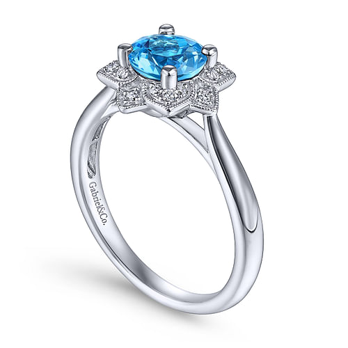 Vintage Inspired 14K White Gold Round Blue Topaz and Floral Diamond Halo Ring - 0.09 ct - Shot 3