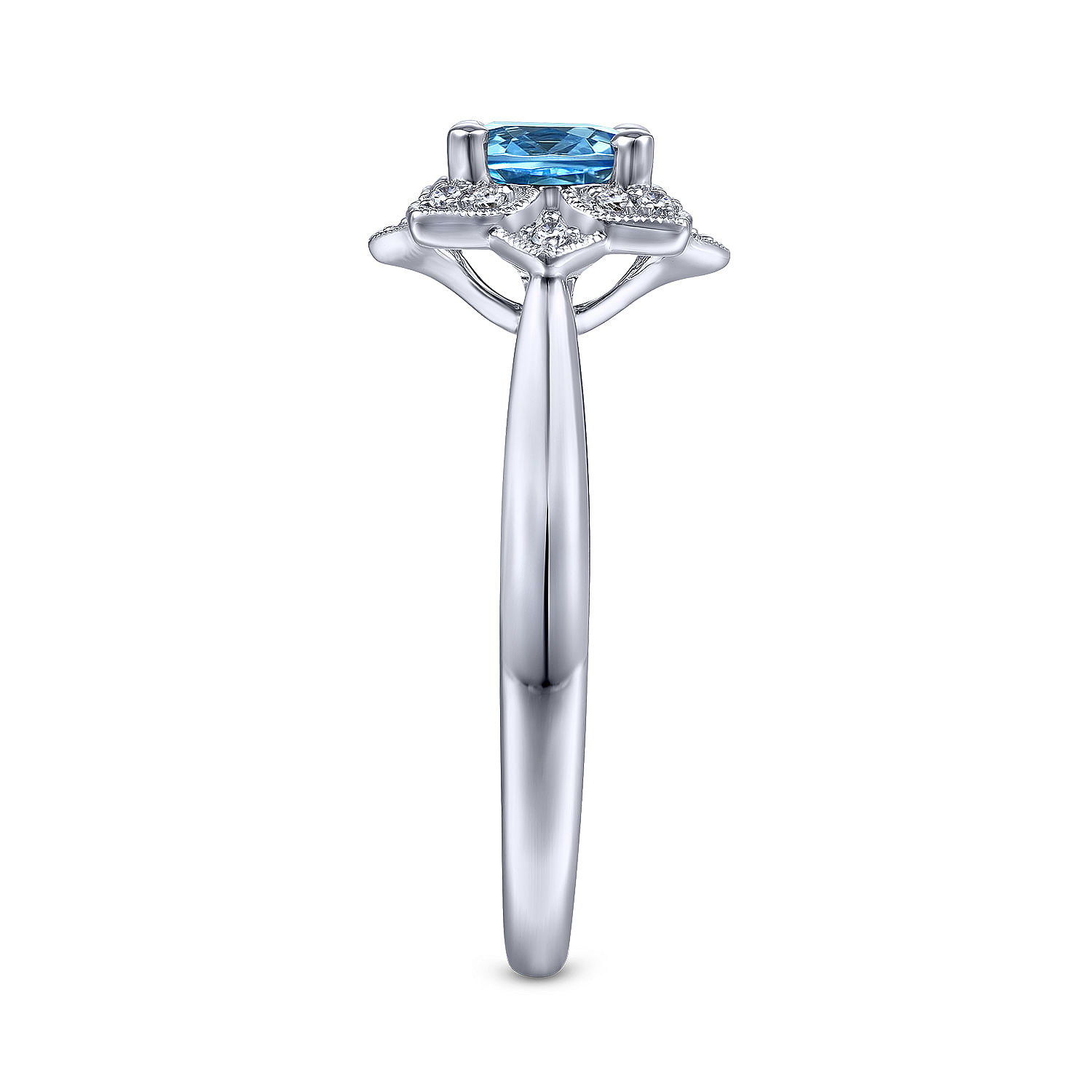 Vintage Inspired 14K White Gold Round Blue Topaz and Floral Diamond Halo Ring