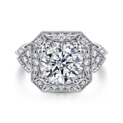Vintage Inspired 14K White Gold Round Halo Diamond Engagement Ring