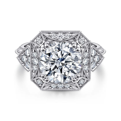 Vintage Inspired 14K White Gold Round Halo Diamond Engagement Ring
